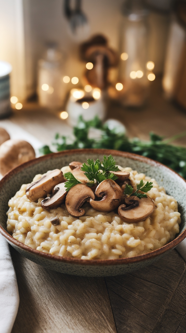 Creamy Vegan Mushroom Risotto Recipe A bowl of vegan mushroom risotto with mushrooms and parsley, set on a wooden table.