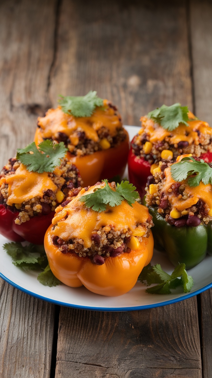 Savory Vegetarian Stuffed Peppers Stuffed bell peppers filled with quinoa and black beans, topped with cheese on a rustic table.