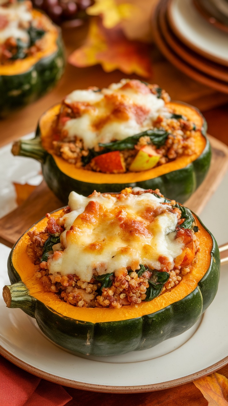 Savory Italian Sausage Stuffed Acorn Squash Recipe Stuffed acorn squash filled with Italian sausage, quinoa, and spinach, topped with melted cheese on a rustic table.