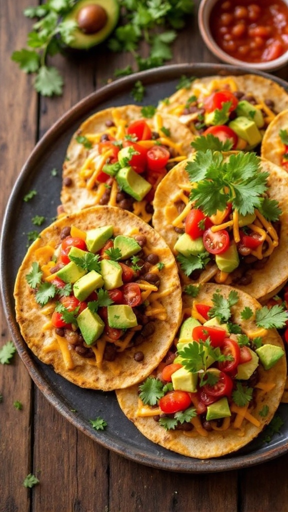 Authentic Oaxacan Tlayudas Recipe Crispy Oaxacan Tlayudas topped with beans, cheese, lettuce, tomatoes, and avocado, served with salsa.