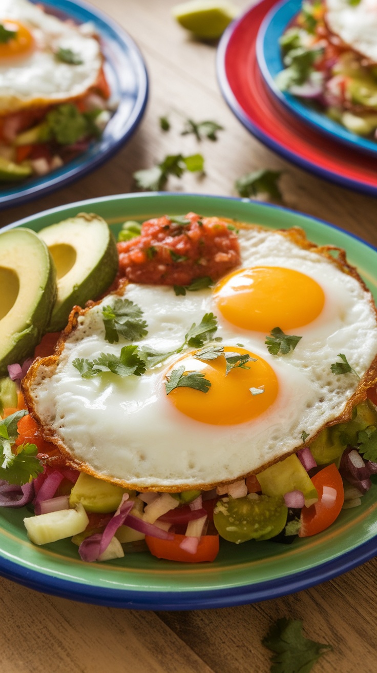 Authentic Huevos Fritos Recipe A plate of Huevos Fritos with fried eggs, avocado, and salsa on a rustic table.