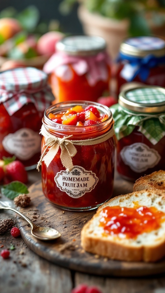 Homemade Fruit Jam Recipe with Elegant Packaging Ideas Homemade fruit jam in decorative jars with bread, set on a rustic wooden table.
