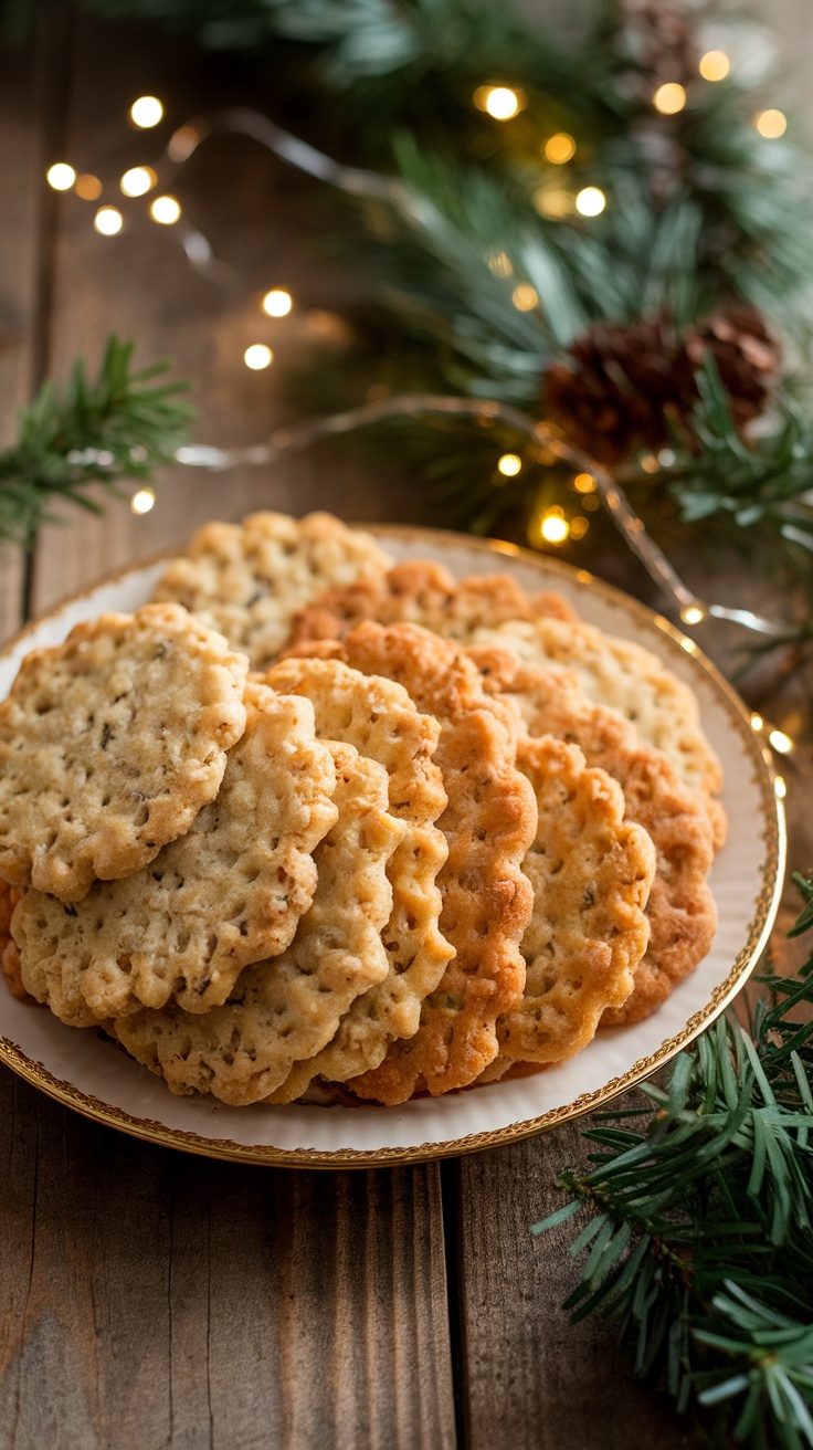 Grandma A plate of lace cookies with golden edges and toasted sesame seeds, set against a festive holiday backdrop.