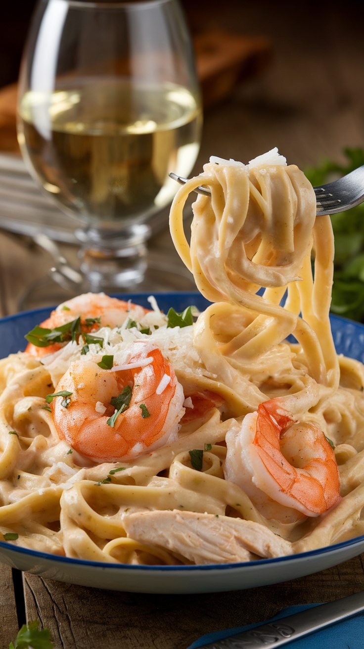 Creamy Cajun Shrimp and Chicken Alfredo Pasta Recipe Creamy Cajun shrimp and chicken Alfredo pasta on a plate, garnished with parsley and Parmesan cheese.