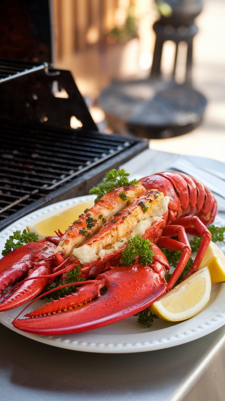 Sizzling Grilled Lobster Tail Recipe Grilled lobster tail served on a plate with garlic butter and garnished with parsley, surrounded by lemon wedges.