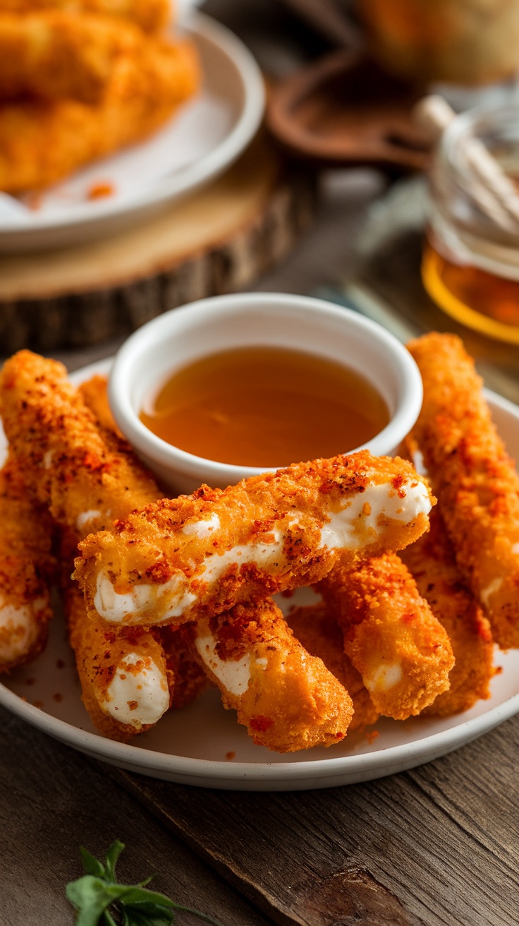 A delectable array of Nashville Hot Mozzarella Sticks on a plate with hot honey, garnished with spice, on a rustic table.