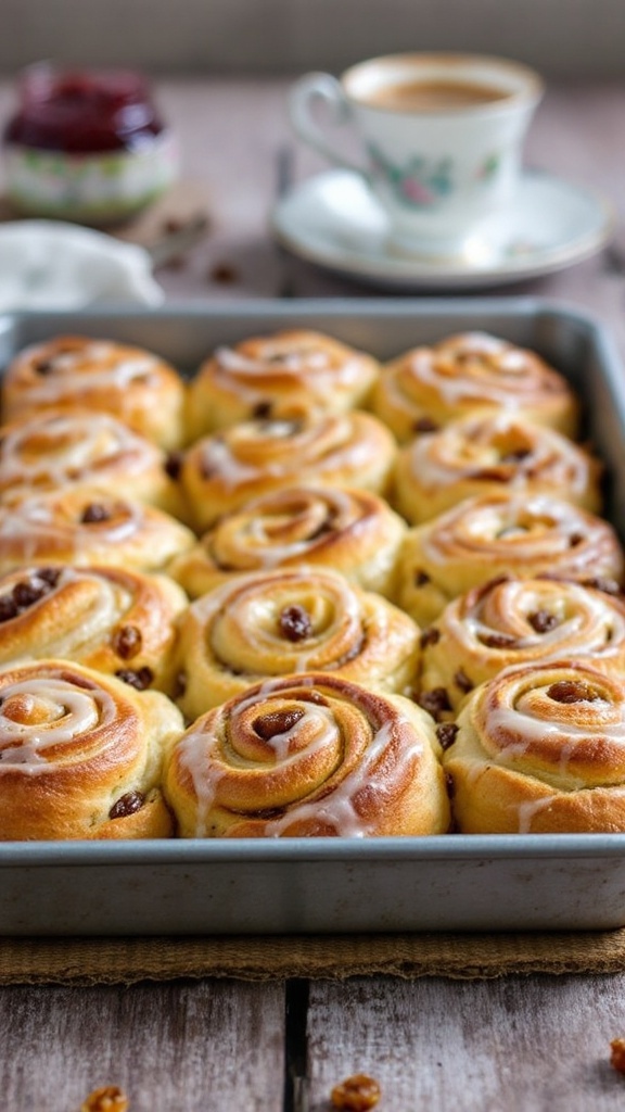 Classic Chelsea Buns Recipe Inspired by Paul Hollywood A tray of golden-brown Chelsea Buns glazed with icing, adorned with raisins, on a rustic wooden table.