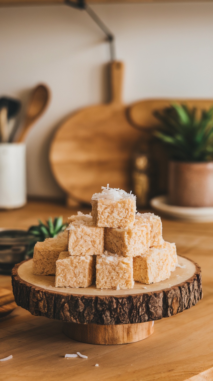 Creamy Coconut Condensed Milk Candy Recipe Squares of creamy coconut candy on a wooden platter, garnished with coconut flakes.