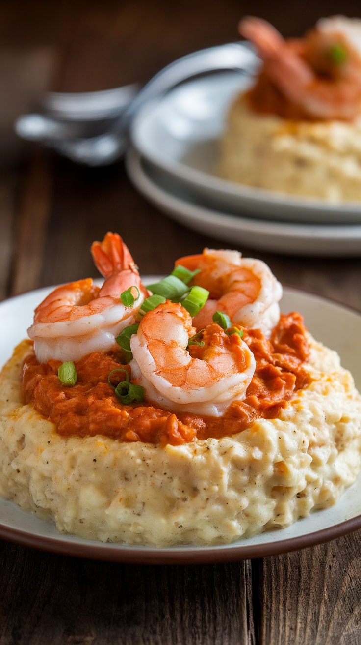 Creamy shrimp and grits topped with Cajun shrimp and garnished with green onions on a rustic table.