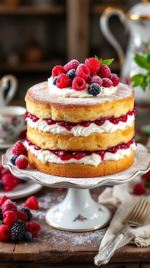 Classic Victorian Sponge Cake Recipe A classic Victorian Sponge Cake with raspberry jam and whipped cream filling, dusted with icing sugar on a cake stand.