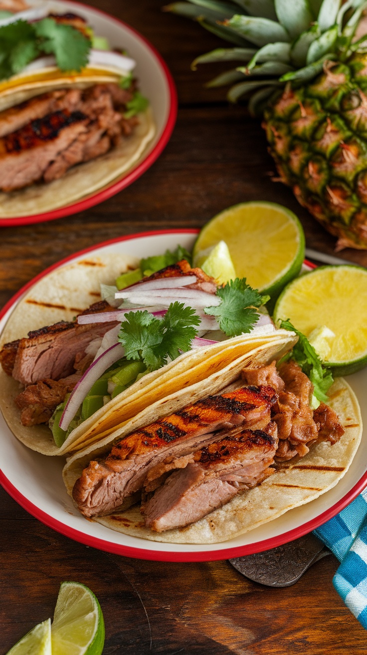 A close-up of Tacos de Pastor with pork, pineapple, onions, and cilantro on tortillas, set on a rustic table.