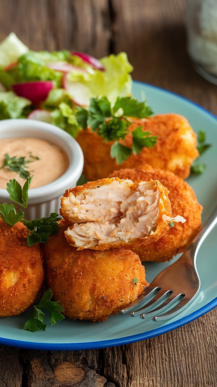Crispy and Delicious Easy Chicken Croquettes Crispy chicken croquettes on a plate with dipping sauce and salad in the background.