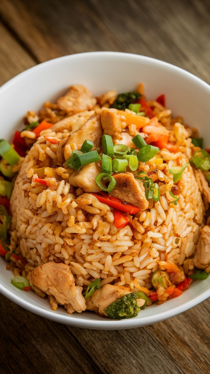 Delicious Chicken Fried Rice Recipe A bowl of Chicken Fried Rice with chicken, mixed vegetables, and green onions on a rustic wooden table.