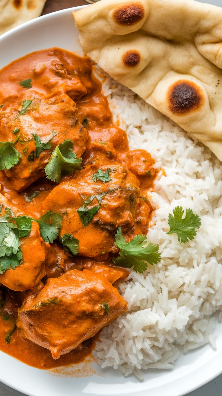 Best Chicken Tikka Masala Recipe A plate of Chicken Tikka Masala with rice and naan, garnished with cilantro, showcasing Indian culinary delights.