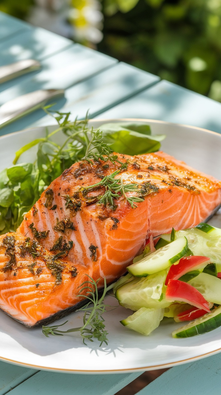 Zesty Garlic Herb Salmon Marinade Recipe Grilled salmon fillets with garlic herb marinade, garnished with herbs, alongside a cucumber salad on a summer table.