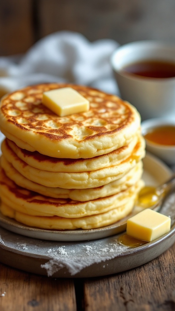 Homemade English Crumpets Recipe A stack of homemade golden crumpets with butter and jam on a wooden table next to a cup of tea.