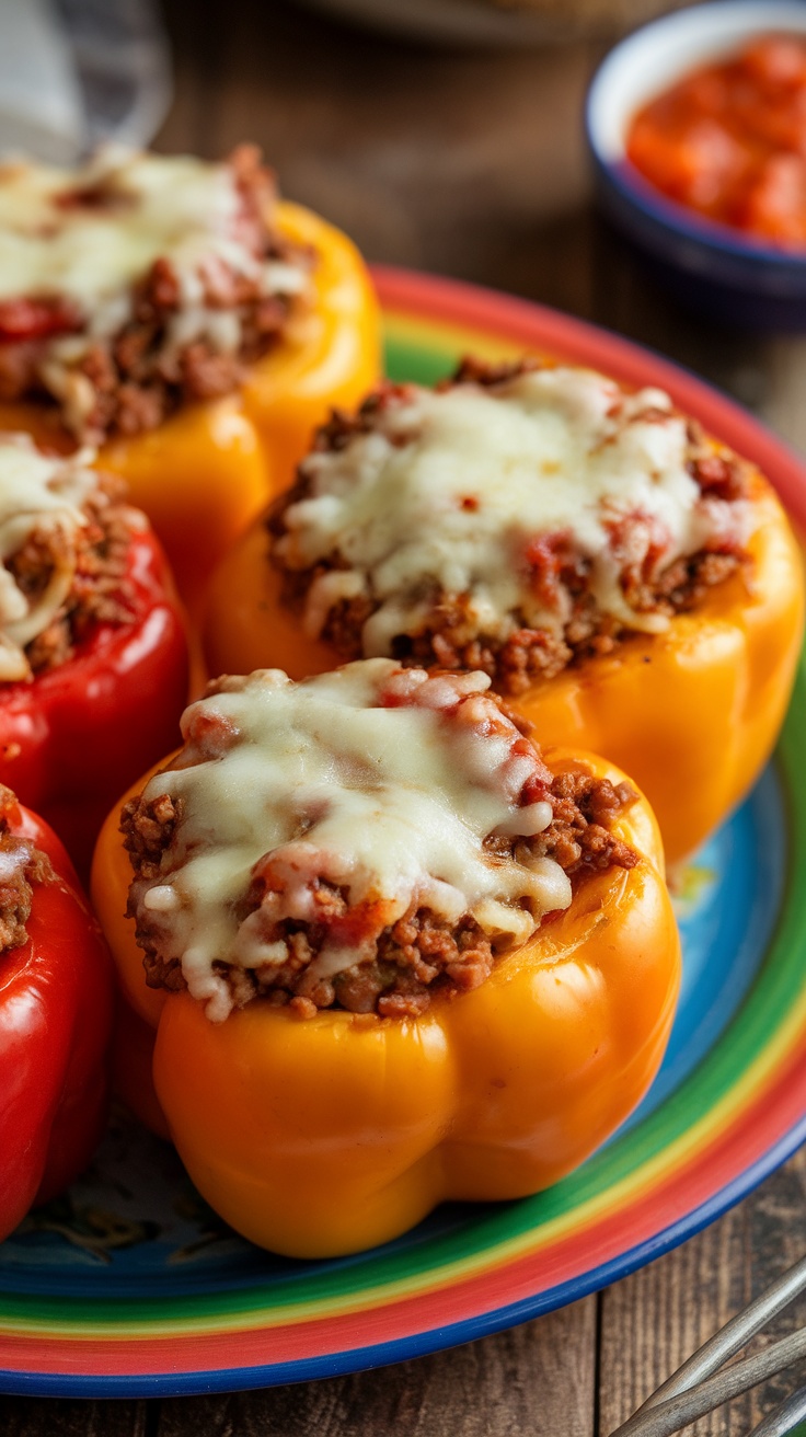 Savory Stuffed Bell Peppers in the Instant Pot Stuffed bell peppers with ground beef and rice, topped with melted cheese, on a rustic wooden table.
