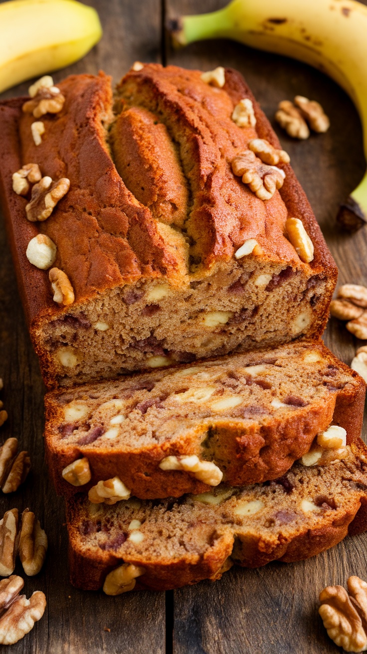 Moist and Delicious Banana Banana Bread Recipe Moist banana banana bread loaf sliced, revealing its soft texture and specks of bananas and nuts.