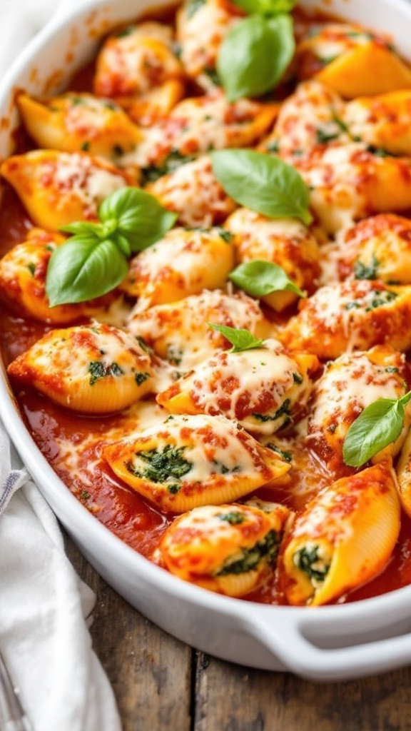 Delicious Spinach and Ricotta Stuffed Shells Recipe Baked Spinach Ricotta Stuffed Shells in a dish, garnished with basil, surrounded by a rustic table.