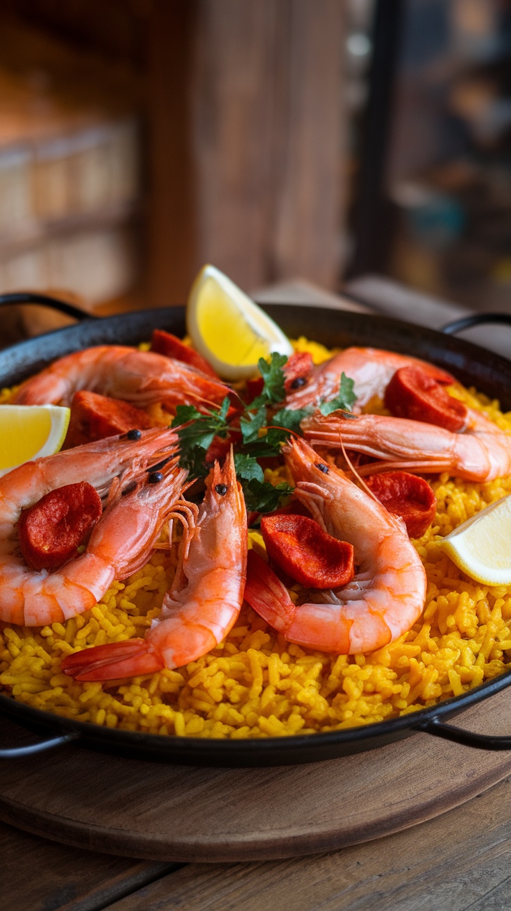 Shrimp and Chorizo Seafood Paella Recipe for Two Shrimp and chorizo seafood paella served in a skillet with parsley and lemon, on a wooden table.