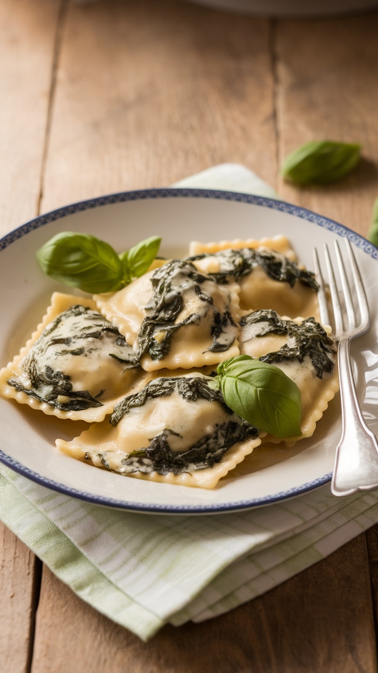 Delicious Spinach and Ricotta Ravioli Recipe Plate of spinach and ricotta ravioli with creamy sauce and basil on rustic table.