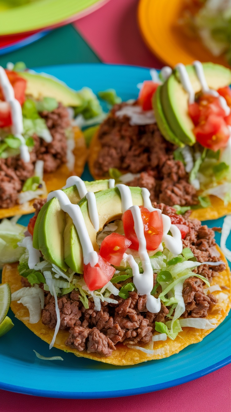 Crispy Beef Tostadas with Fresh Toppings Recipe A delicious spread of crispy beef tostadas topped with lettuce, tomatoes, avocado, and sour cream.