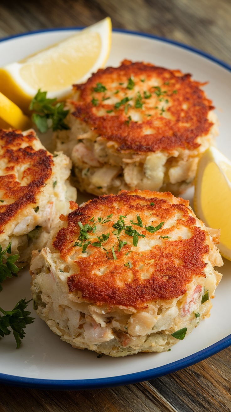 Delicious Baked Crab Cakes Recipe Baked crab cakes on a plate garnished with parsley and lemon wedges.