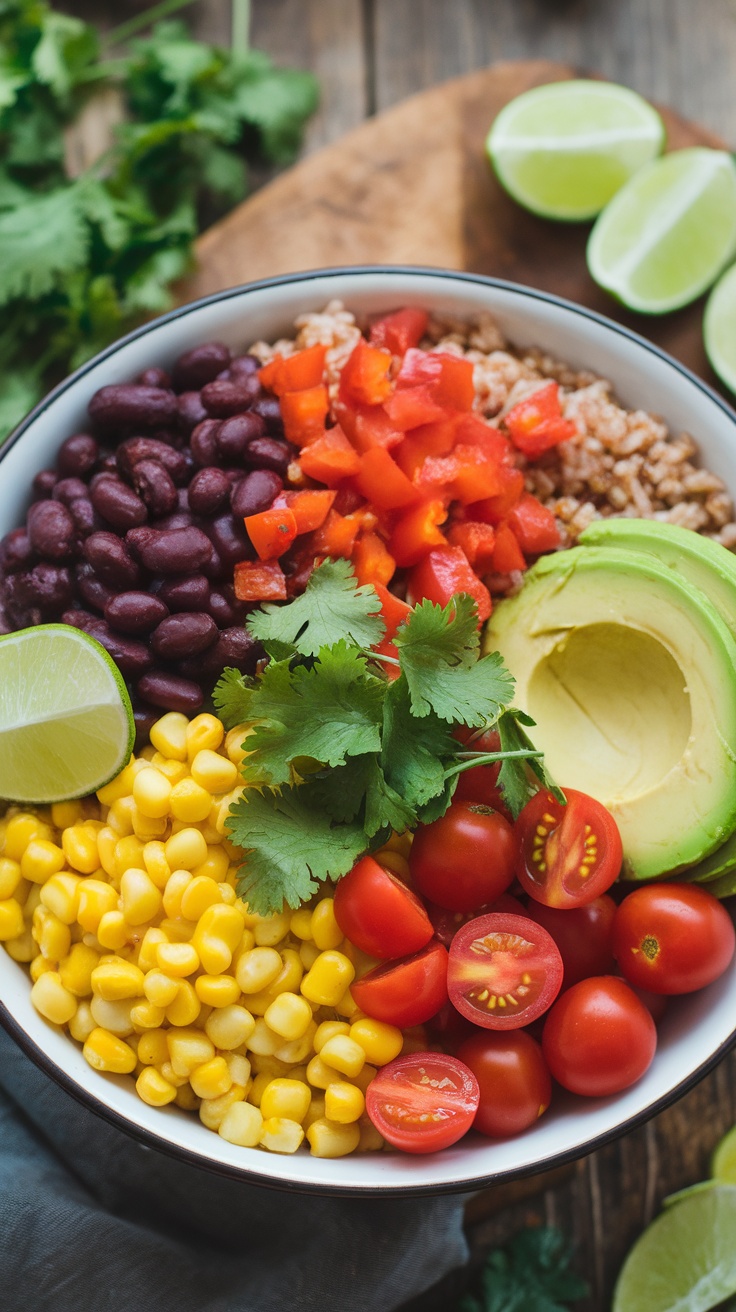 Colorful Vegetarian Burrito Bowls Recipe A colorful vegetarian burrito bowl with rice, beans, corn, peppers, avocado, and tomatoes, garnished with cilantro on a wooden table.