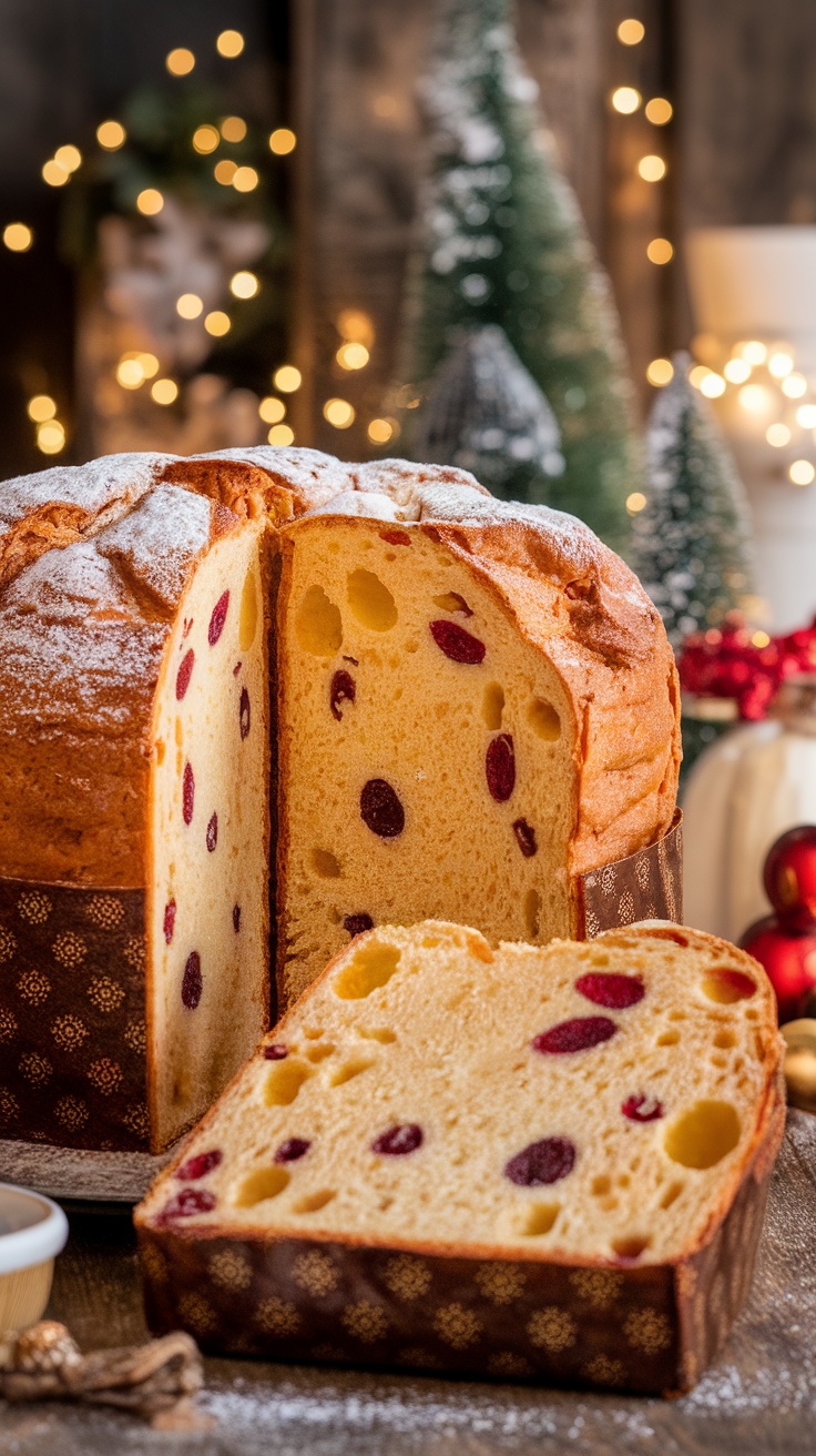 Hands-Off Sourdough Panettone Recipe Sliced Sourdough Panettone with candied fruits, dusted with powdered sugar on a rustic table.