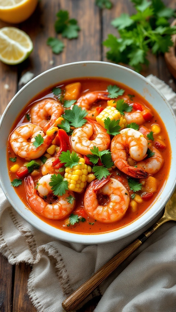 Spicy Peruvian Shrimp Soup with Thai Red Curry A bowl of spicy shrimp soup with Thai red curry and vibrant vegetables, garnished with cilantro.
