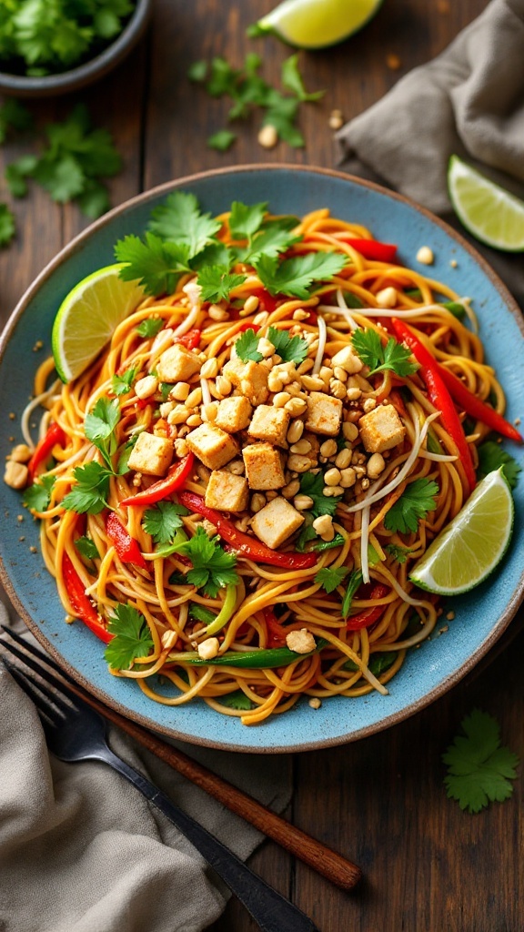 Vegetable Pad Thai with Tofu Recipe A colorful plate of Vegetable Pad Thai with tofu, garnished with peanuts and cilantro, served with lime wedges.