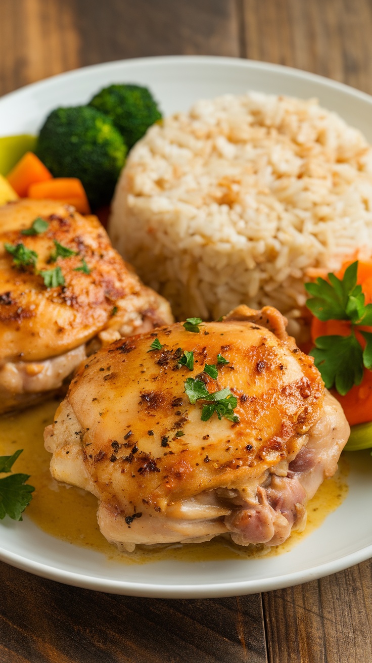 Savory Garlic Butter Chicken Thighs Recipe A plate of juicy garlic butter chicken thighs garnished with parsley, served with rice and vegetables on a rustic table.