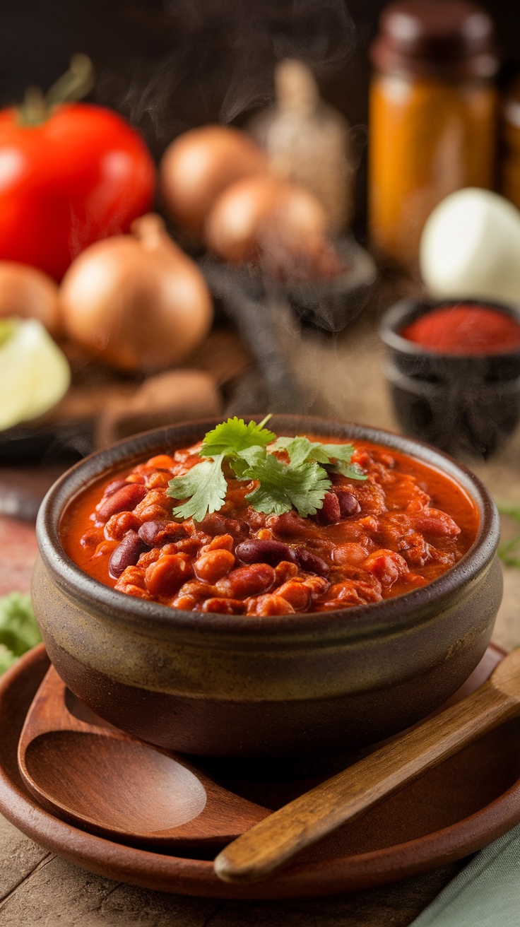 A bowl of Mexican Chili Con Carne topped with cilantro, served in a rustic kitchen.
