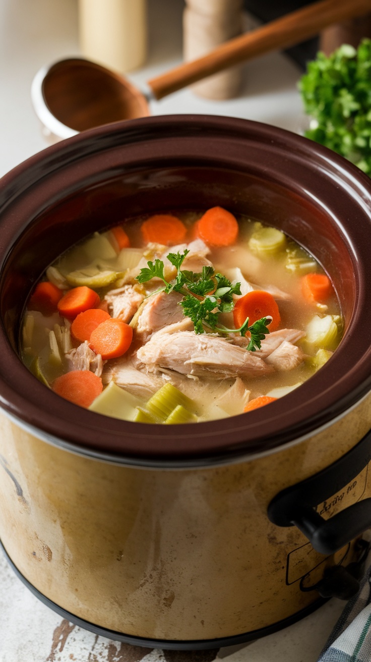 Comforting Crockpot Chicken Soup Recipe A bowl of comforting chicken soup with vegetables, served from a crockpot, garnished with parsley in a cozy kitchen.