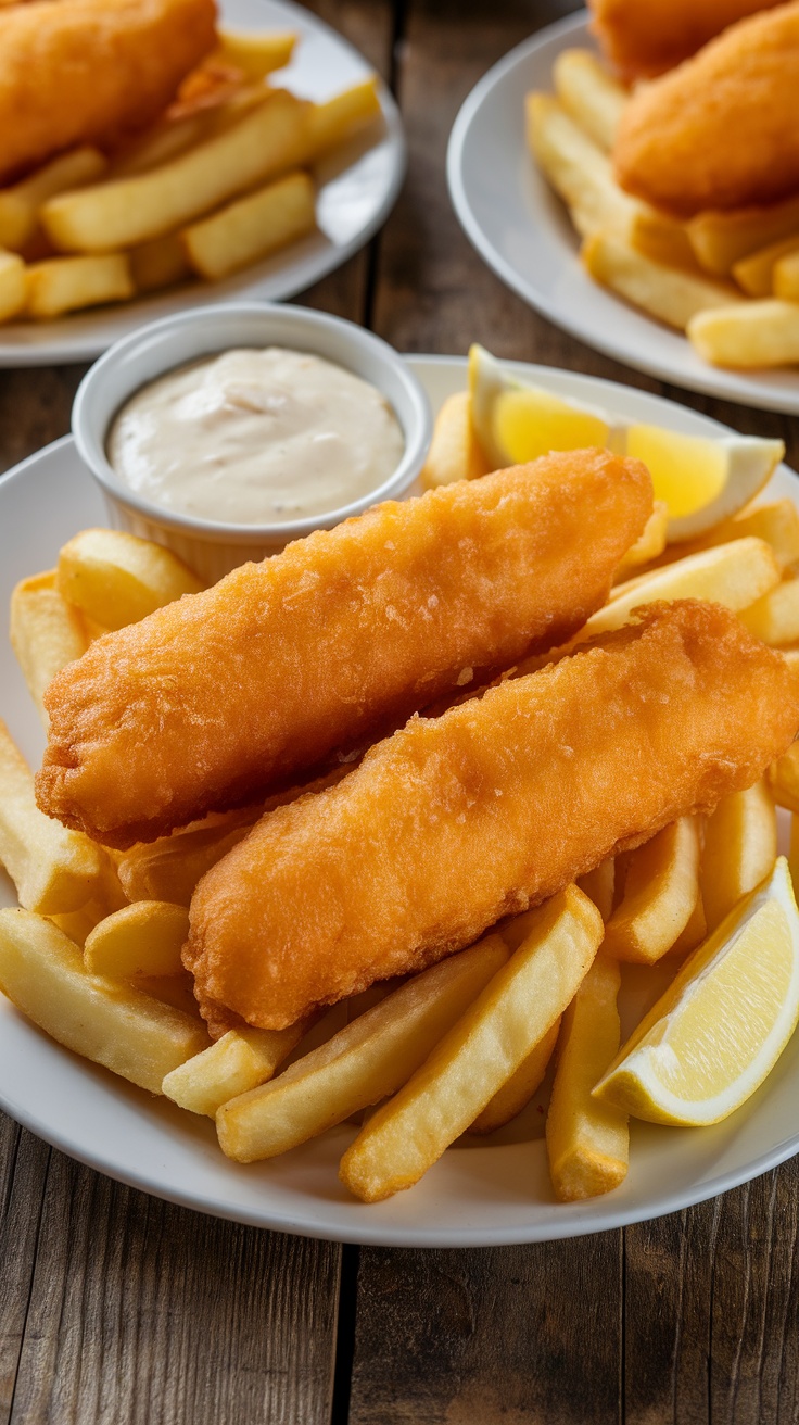 Classic English Fish and Chips Recipe Crispy battered cod filets with golden chips on a white plate, served with lemon and tartar sauce.