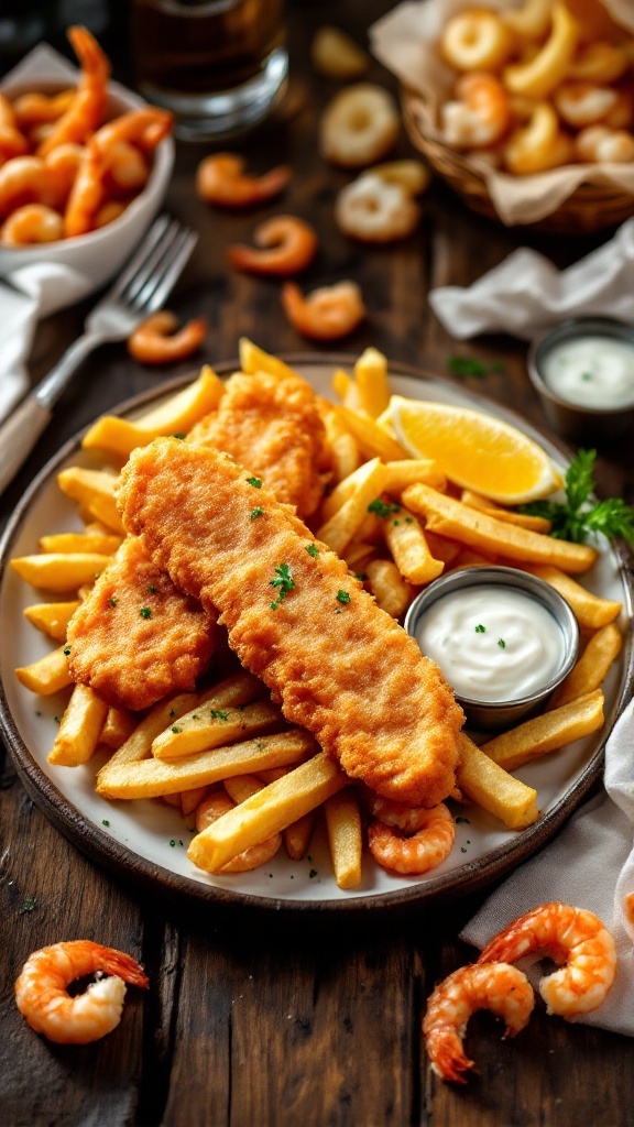 Classic English Fish and Chips Recipe Classic English fish and chips with crispy fish fillets, thick-cut fries, tartar sauce, and shrimp chips on a rustic table.