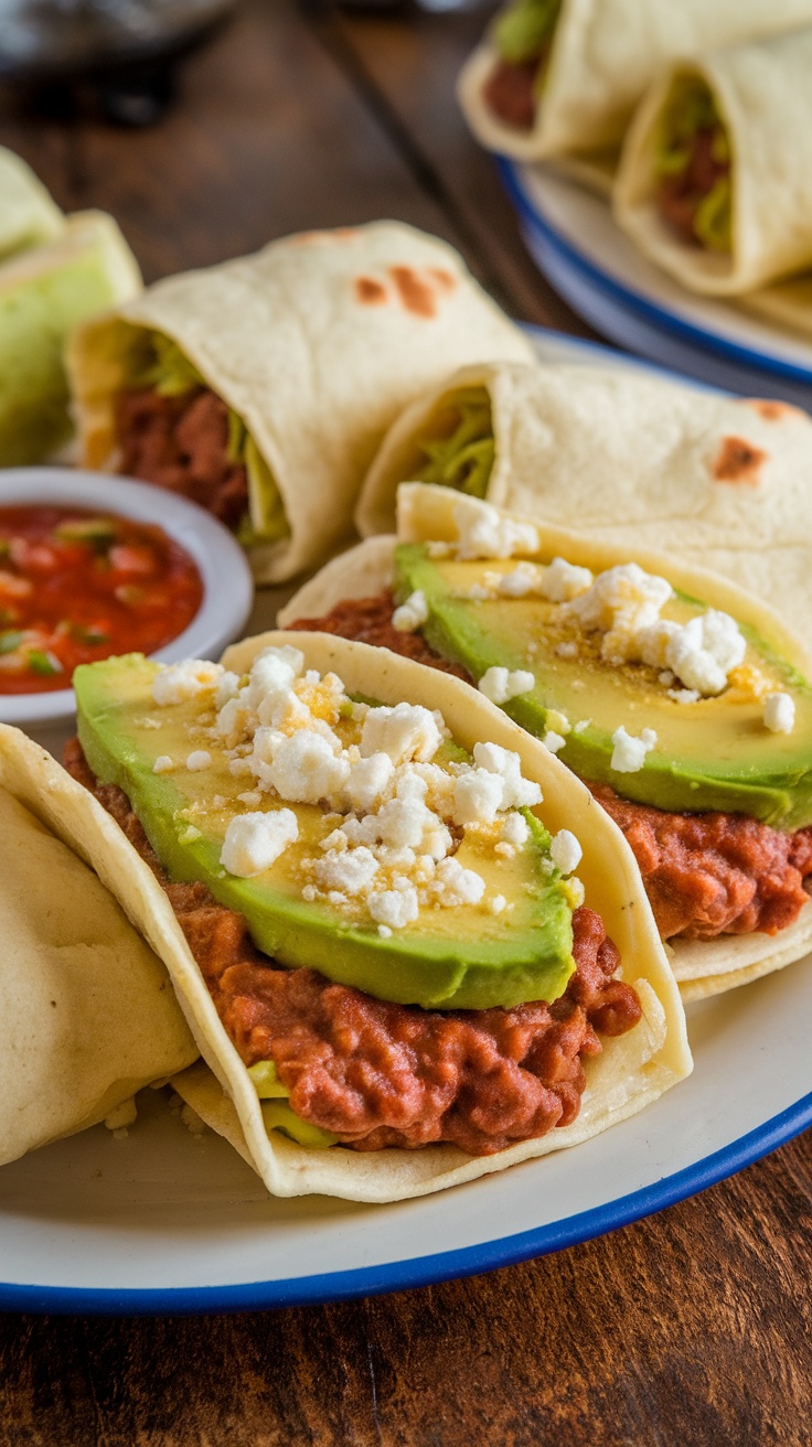 Traditional Baleadas Recipe from Honduras A colorful plate of baleadas filled with beans, avocado, and cheese, served with salsa on a rustic wooden table.