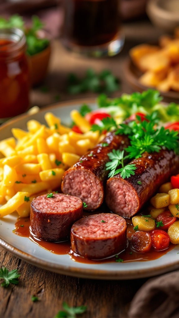 Traditional Colombian Morcilla Recipe Colombian blood sausage (morcilla) sliced and plated with arepuelas and salad on a rustic wooden table.