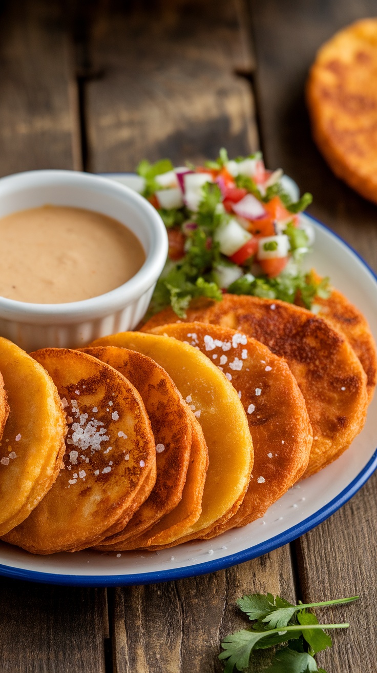 Crispy Tostones Recipe with Dipping Sauce Crispy Tostones on a plate with dipping sauce and fresh salsa on a rustic table.
