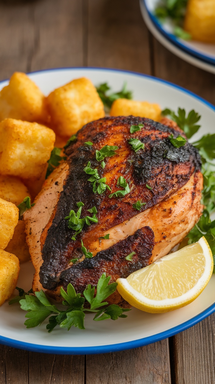 Spicy Cajun Blackened Chicken Recipe Cajun blackened chicken with tater tots and lemon on a rustic wooden table.