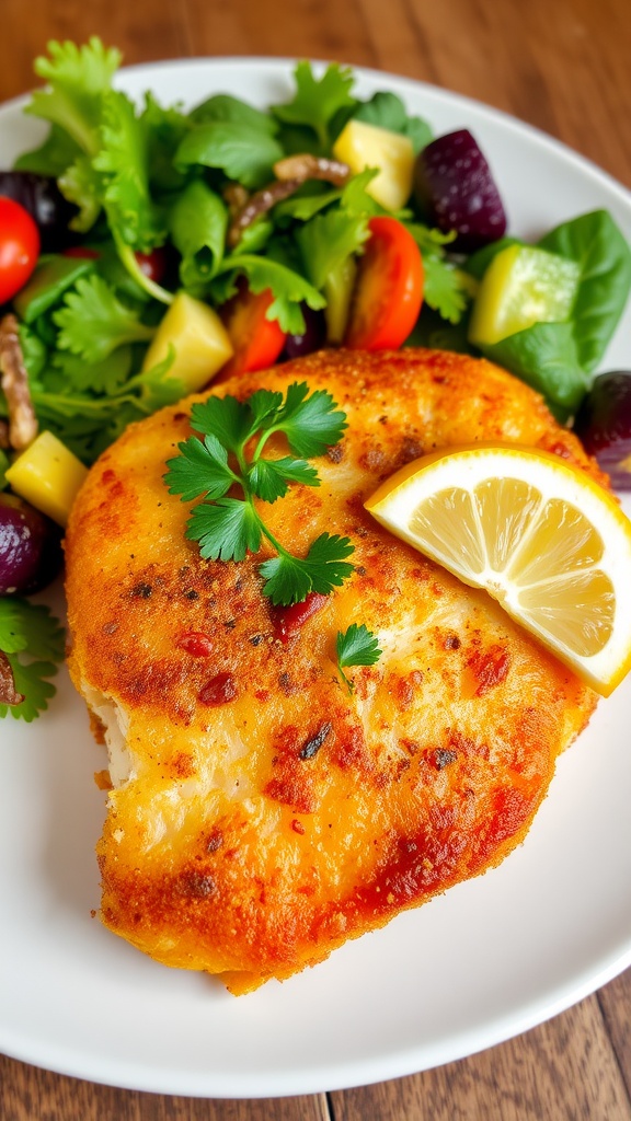 Crispy Milanesa with a Twist A golden crispy Milanesa served with lemon wedges and a fresh salad.