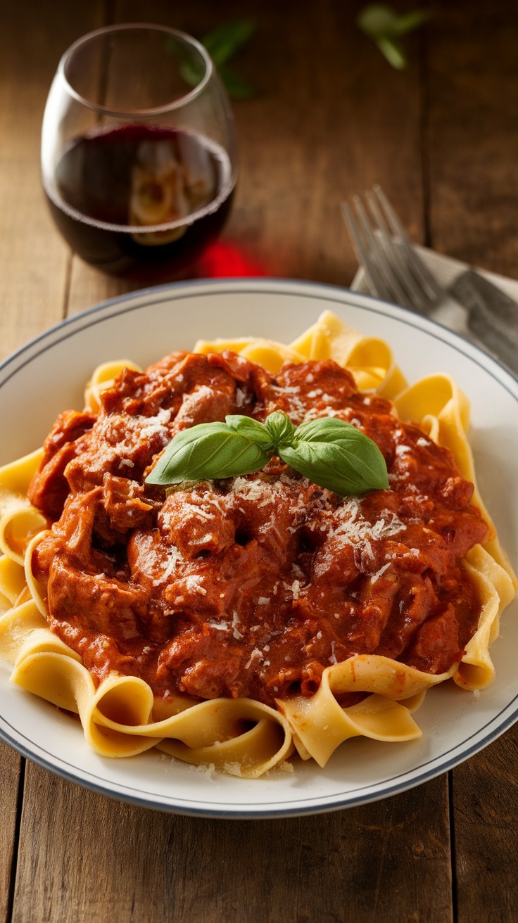 Savory Braised Beef Ragu with Pappardelle Plate of beef ragu over Pappardelle pasta, garnished with basil and Parmesan.