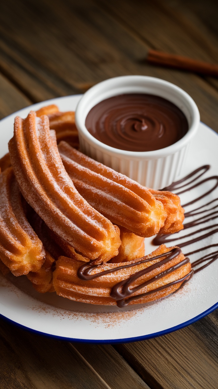 Delicious Churros with Chocolate Sauce Crispy churros served with chocolate sauce on a rustic table.