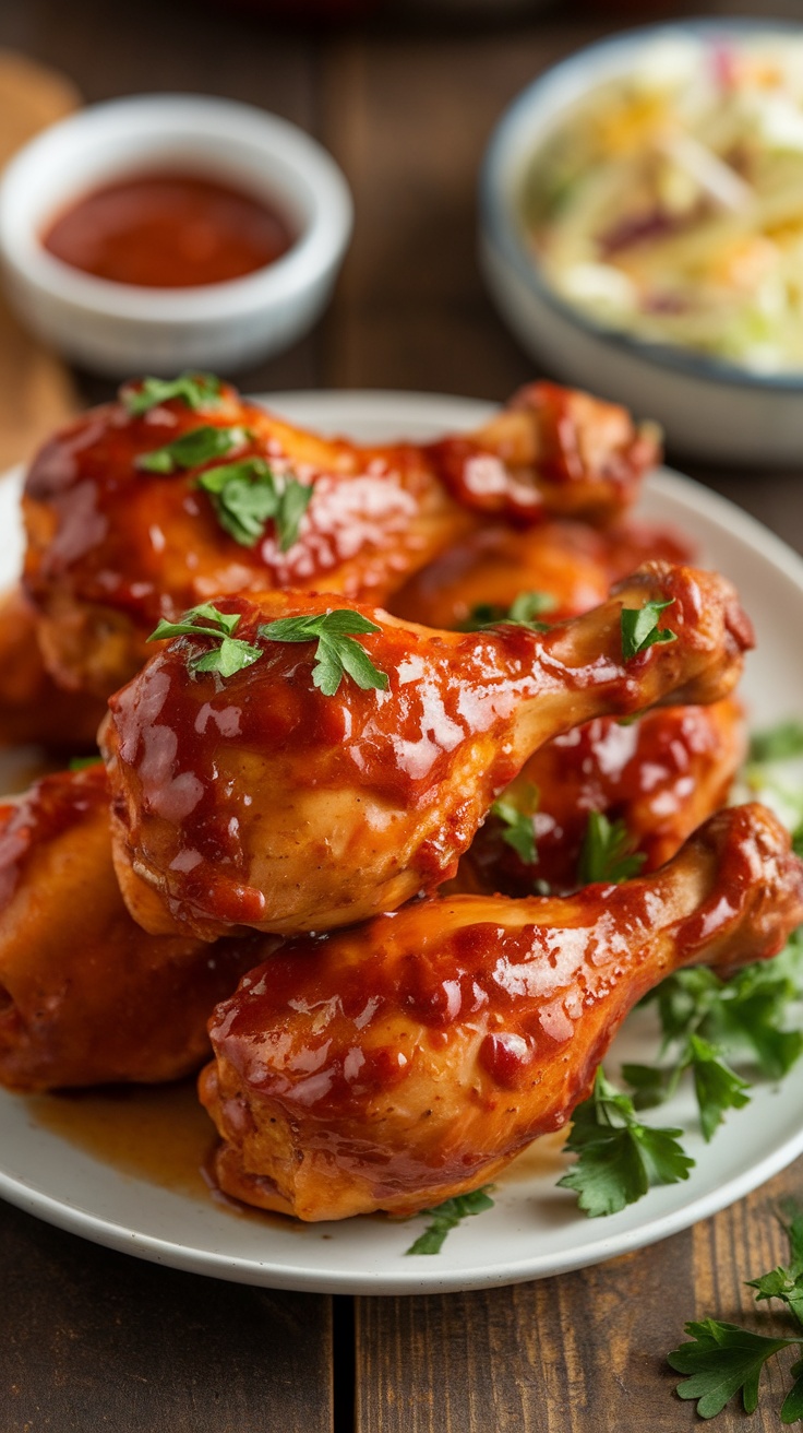 Sweet and Tangy Oven Baked BBQ Chicken Drumsticks Oven baked BBQ chicken drumsticks glazed with sweet and tangy sauce, served with coleslaw and BBQ sauce on a rustic table.
