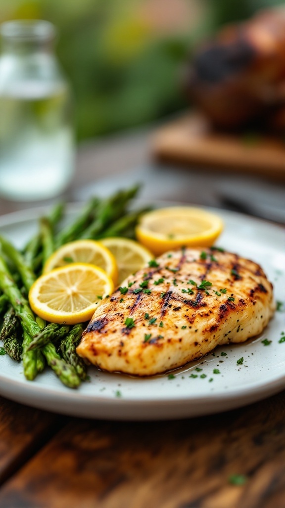 Zesty Lemon Herb Chicken with Grilled Asparagus Juicy lemon herb chicken with grilled asparagus, garnished with lemon slices, on a rustic table.