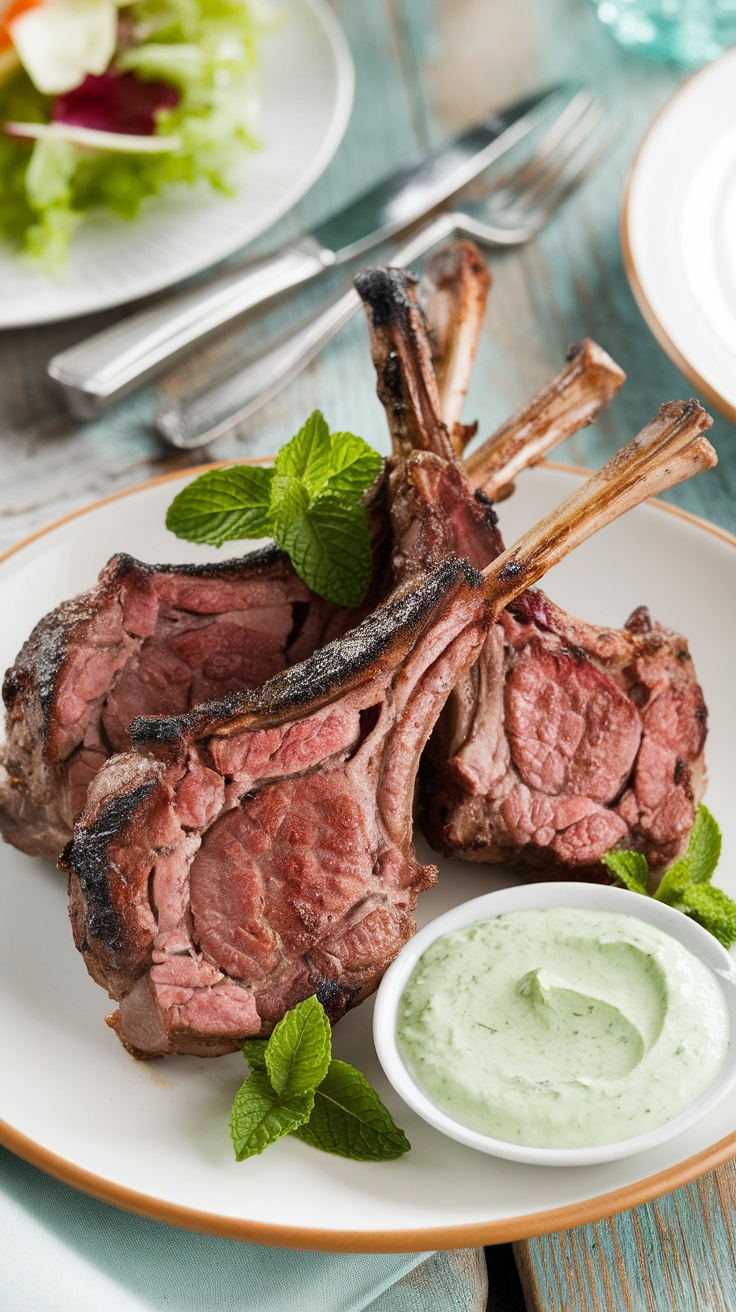 Grilled Greek Lamb Chops with Mint Yogurt Sauce Grilled lamb chops with mint yogurt sauce on a rustic plate.