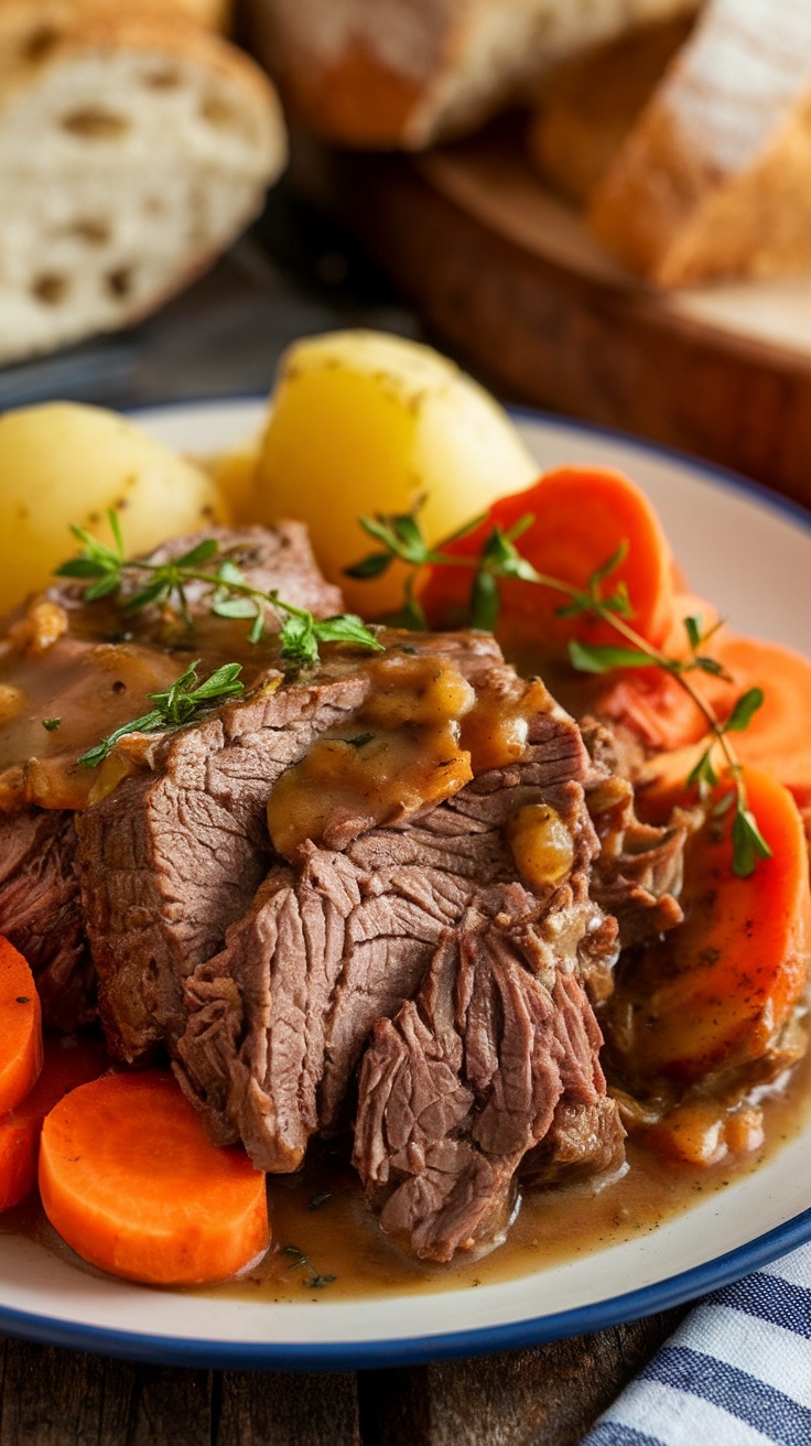 The Best Slow Cooker Pot Roast Recipe A delicious slow cooker pot roast with tender beef, carrots, and potatoes served on a plate, garnished with herbs.