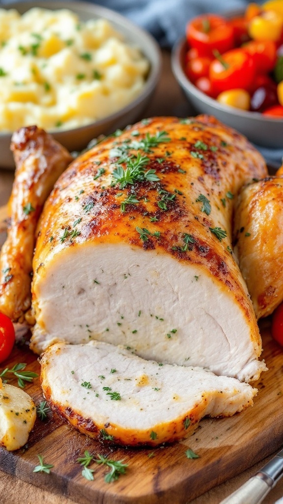 Herb Butter Roasted Turkey Breast Recipe Oven roasted turkey breast with garlic herb butter served on a wooden board, surrounded by side dishes.