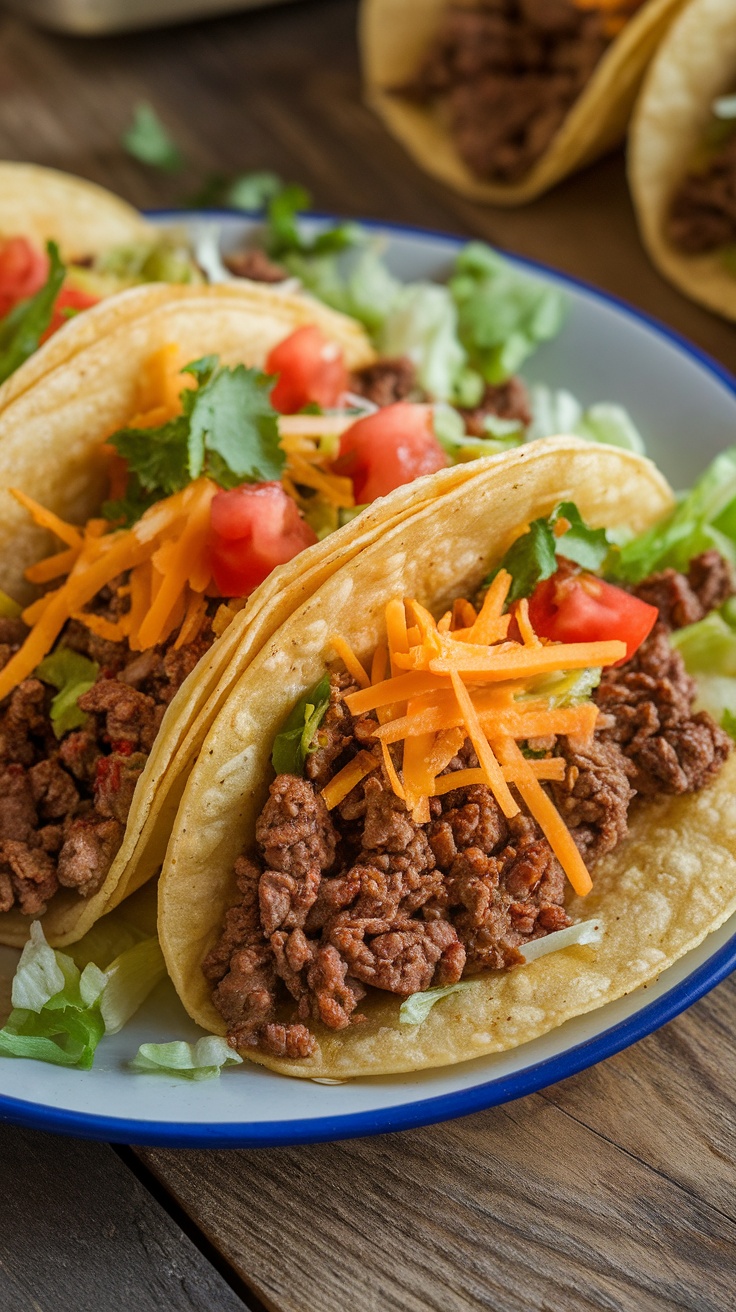 Crispy beef tacos filled with seasoned meat and garnished with fresh toppings on a rustic wooden table.