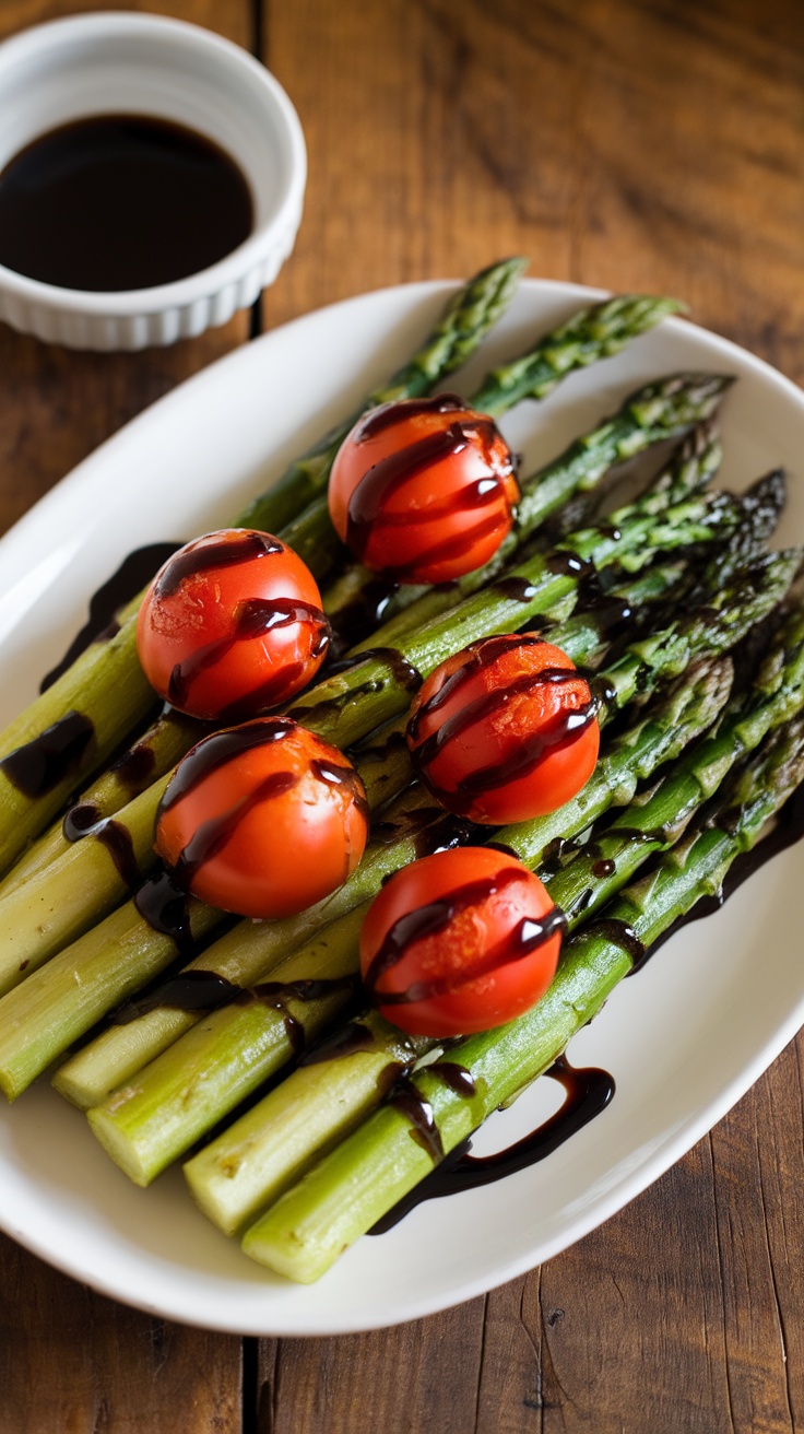 Crispy Air Fryer Asparagus and Tomatoes with Balsamic Drizzle Crispy air-fried asparagus and cherry tomatoes drizzled with balsamic reduction on a white plate.